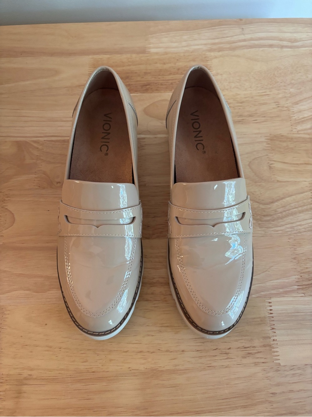 Vionic Patent Leather Loafers in Beige - Classic Slip-On Flats